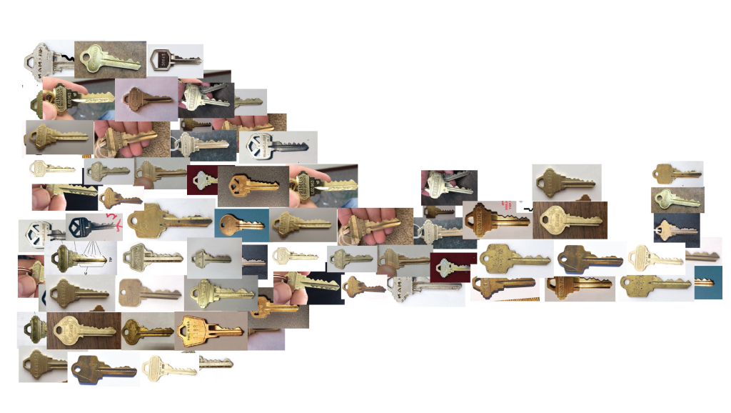A collage of about 30 or so images of key arrange to form a larger image of a key.